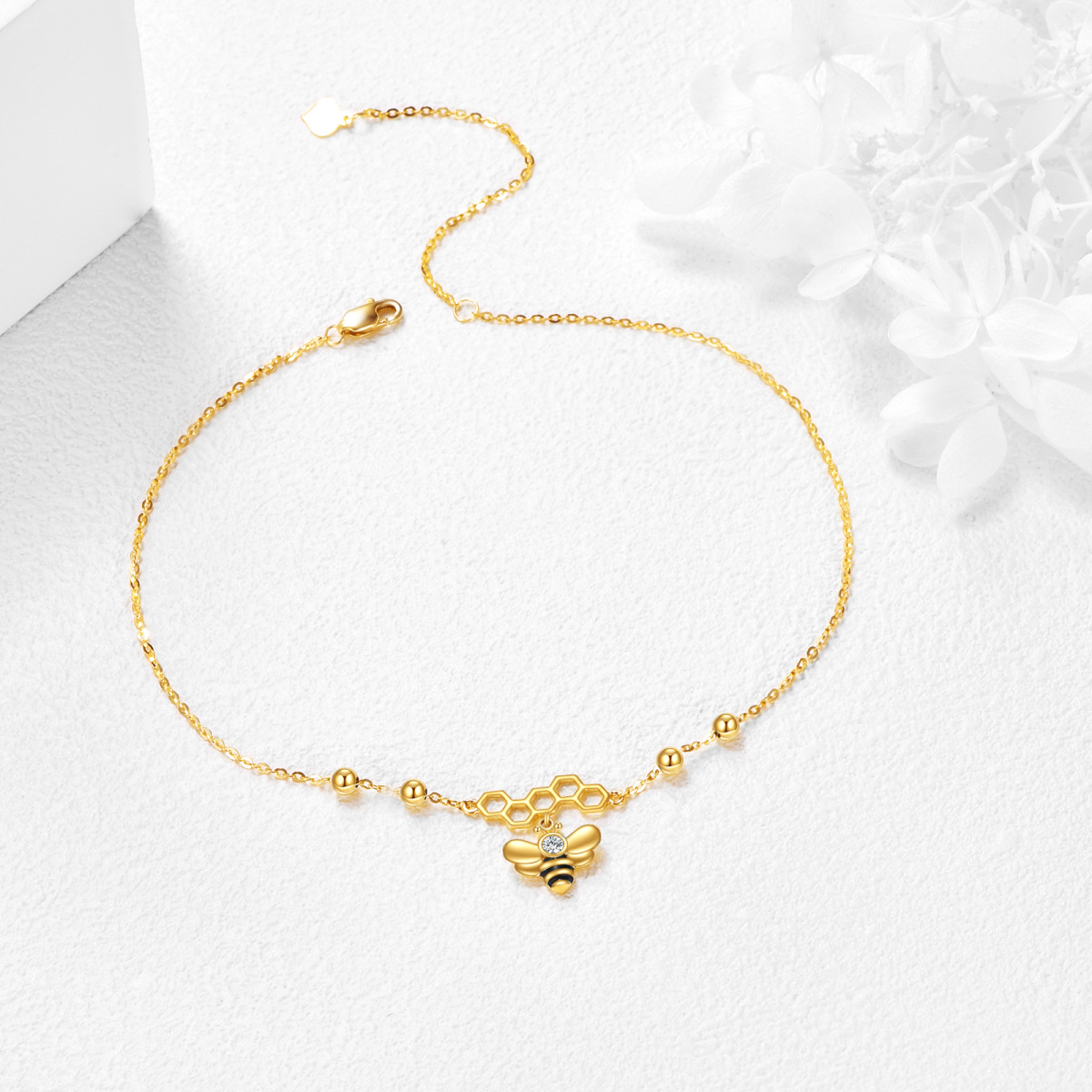 9K Gold Cubic Zirconia Bee Single Layer Anklet-3