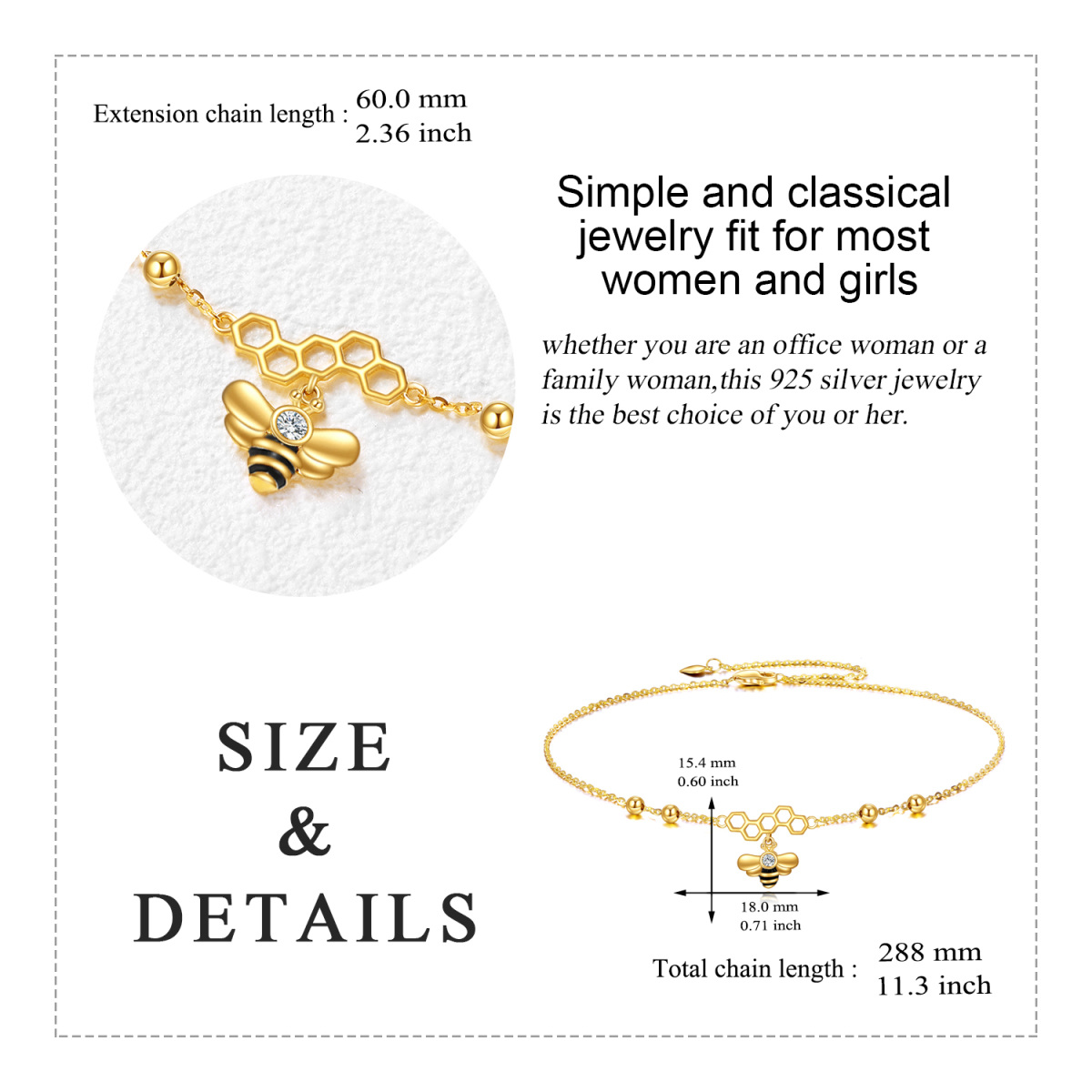 9K Gold Cubic Zirconia Bee Single Layer Anklet-5