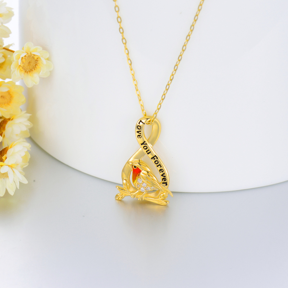 9K Gouden Cubic Zirconia Vogel & Oneindigheidssymbool Hanger Halsketting met Gegraveerd Woord-3