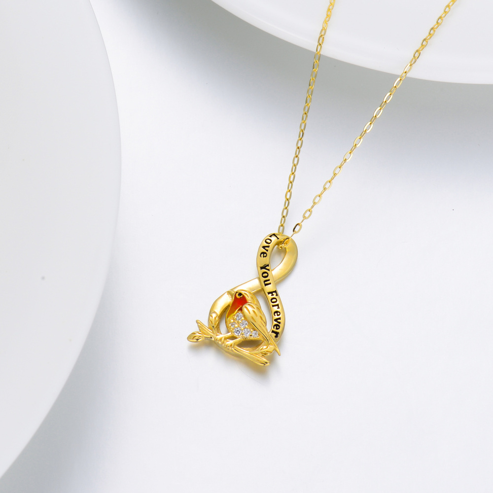 9K Gouden Cubic Zirconia Vogel & Oneindigheidssymbool Hanger Halsketting met Gegraveerd Woord-4