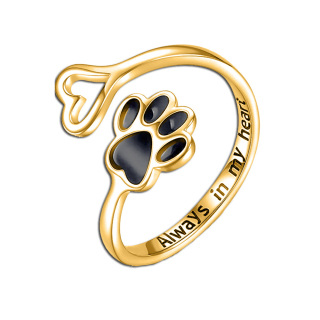 9K Gold & Black Paw & Heart Open Ring with Engraved Word-19