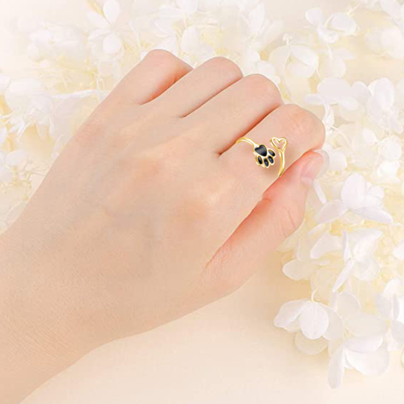 9K Gold & Black Paw & Heart Open Ring with Engraved Word-2