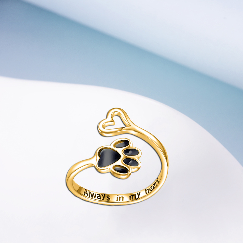 9K Gold & Black Paw & Heart Open Ring with Engraved Word-3