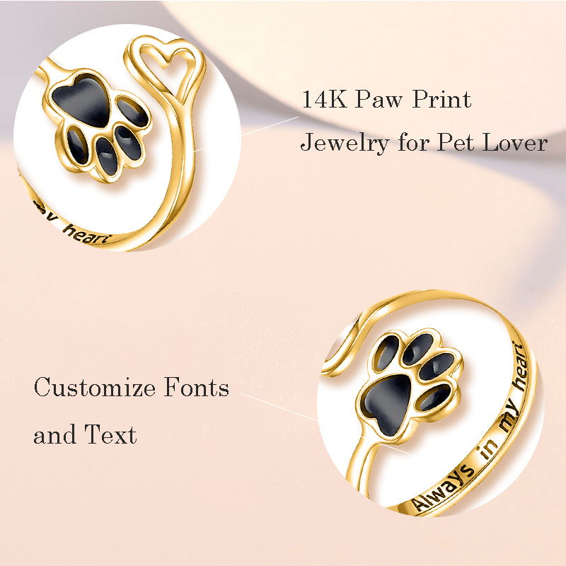 9K Gold & Black Paw & Heart Open Ring with Engraved Word-4