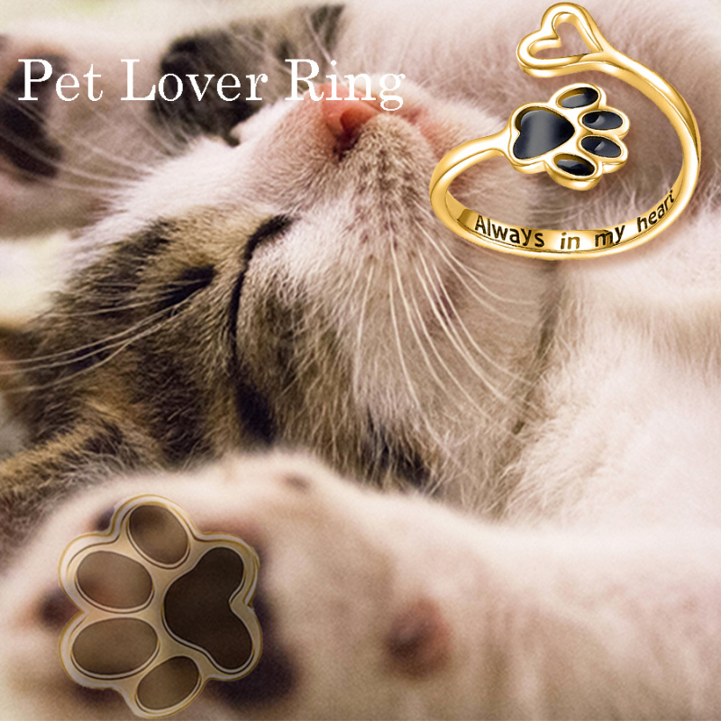 9K Gold & Black Paw & Heart Open Ring with Engraved Word-5