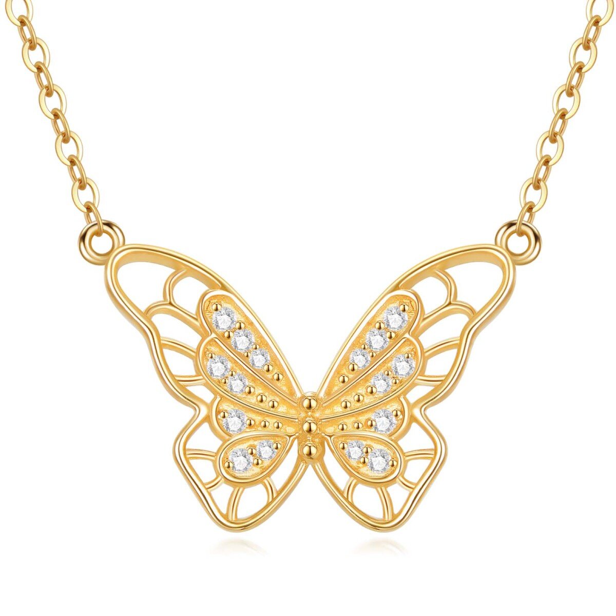 9K Gold Cubic Zirconia Butterfly Pendant Necklace-1