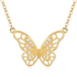 9K Gold Cubic Zirconia Butterfly Pendant Necklace-1