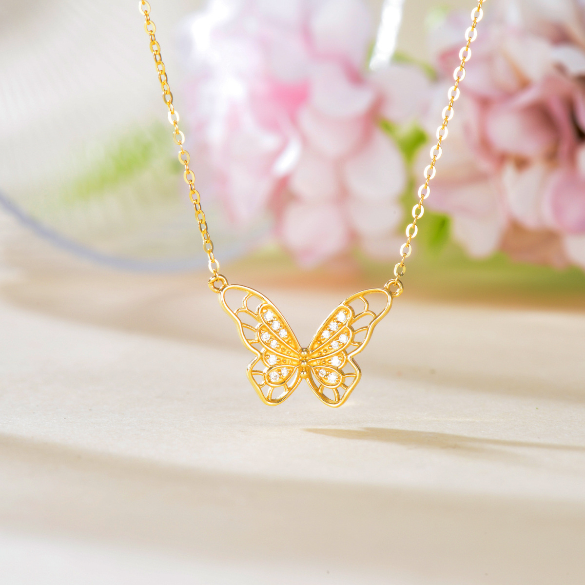 9K Gold Cubic Zirconia Butterfly Pendant Necklace-3