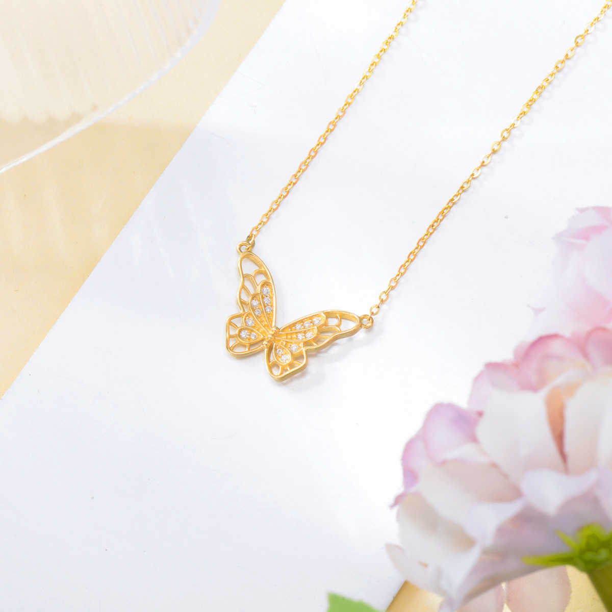 9K Gold Cubic Zirconia Butterfly Pendant Necklace-4