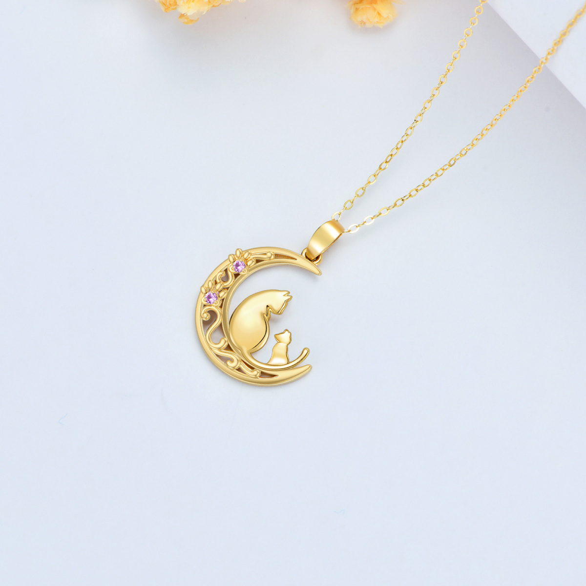 14K Gold Cubic Zirconia Cat Paw And Moon Pendant Necklace For Women-4