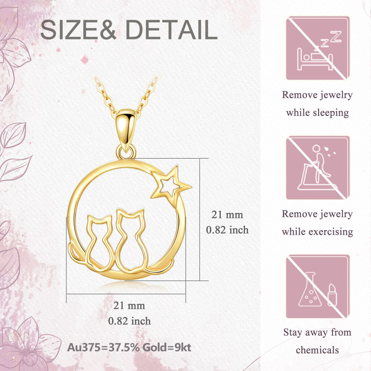 9K Gold Circular Shaped Cubic Zirconia Cat & Star Pendant Necklace-3