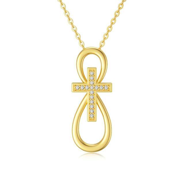 9K Gold Circular Shaped Cubic Zirconia Cross & Infinity Symbol Pendant Necklace-5