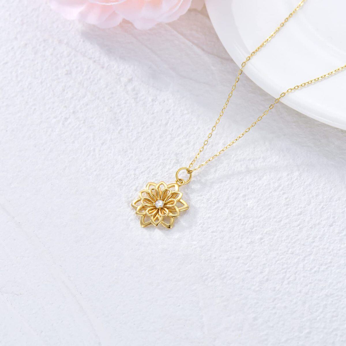 9K Gold Circular Shaped Cubic Zirconia Daisy Pendant Necklace-4