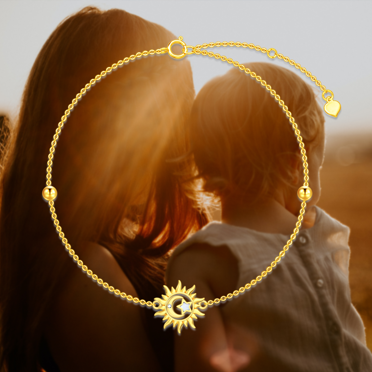 Pulsera de oro de 14 quilates con forma circular de diamantes y ópalo Colgante Luna y Sol-5