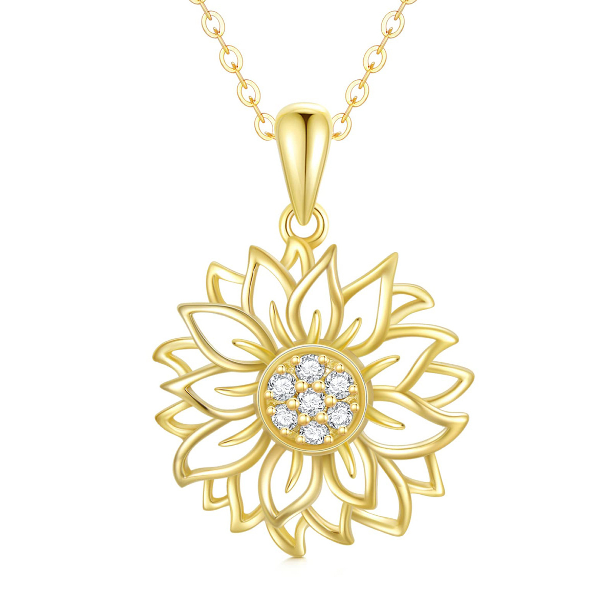 Collana con ciondolo a forma di girasole circolare in oro 9K con diamanti-1