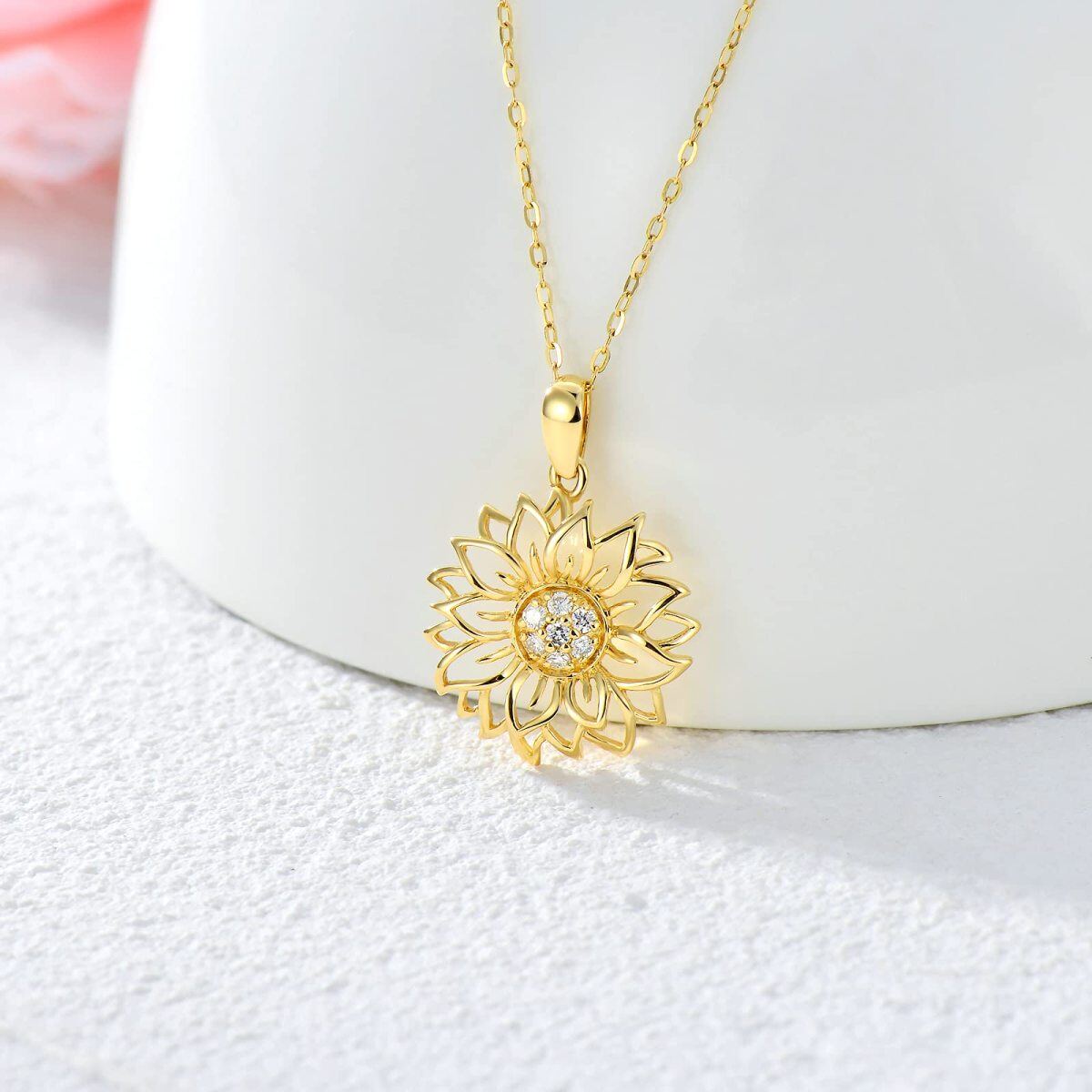 9K Gold Circular Shaped Diamond Sunflower Pendant Necklace-3