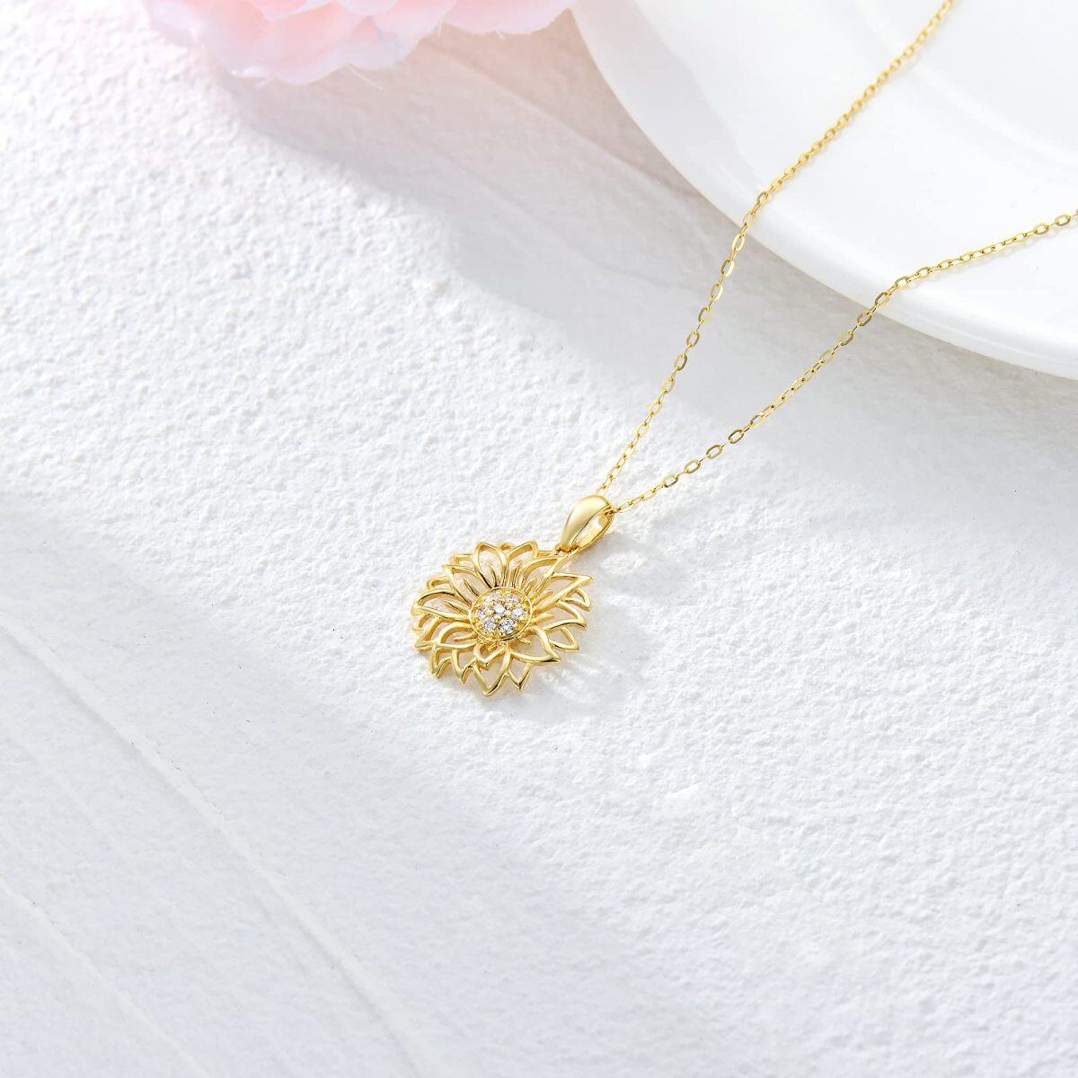 9K Gold Circular Shaped Diamond Sunflower Pendant Necklace-4