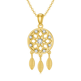 9K Gold Circular Shaped Cubic Zirconia Dream Catcher Pendant Necklace-5