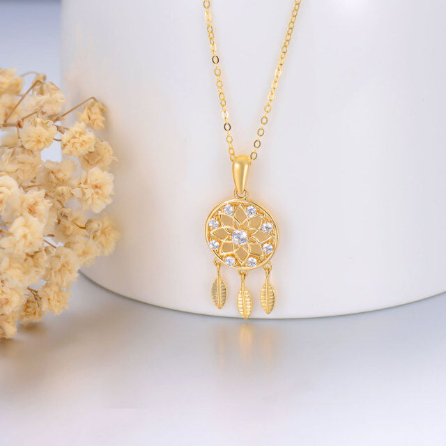 9K Gold Circular Shaped Cubic Zirconia Dream Catcher Pendant Necklace-3