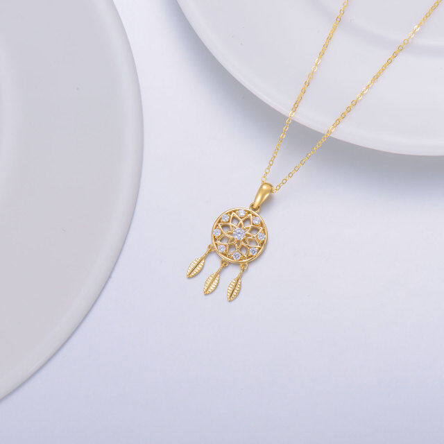 9K Gold Circular Shaped Cubic Zirconia Dream Catcher Pendant Necklace-4