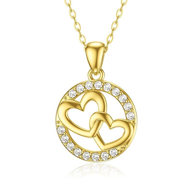 9K Gold Circular Cubic Zirconia Interlocking Hearts Pendant Necklace For Women-16