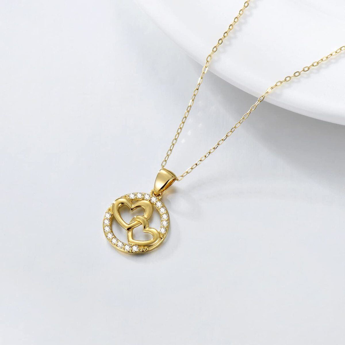 9K Gold Circular Shaped Cubic Zirconia Heart With Heart Pendant Necklace-3