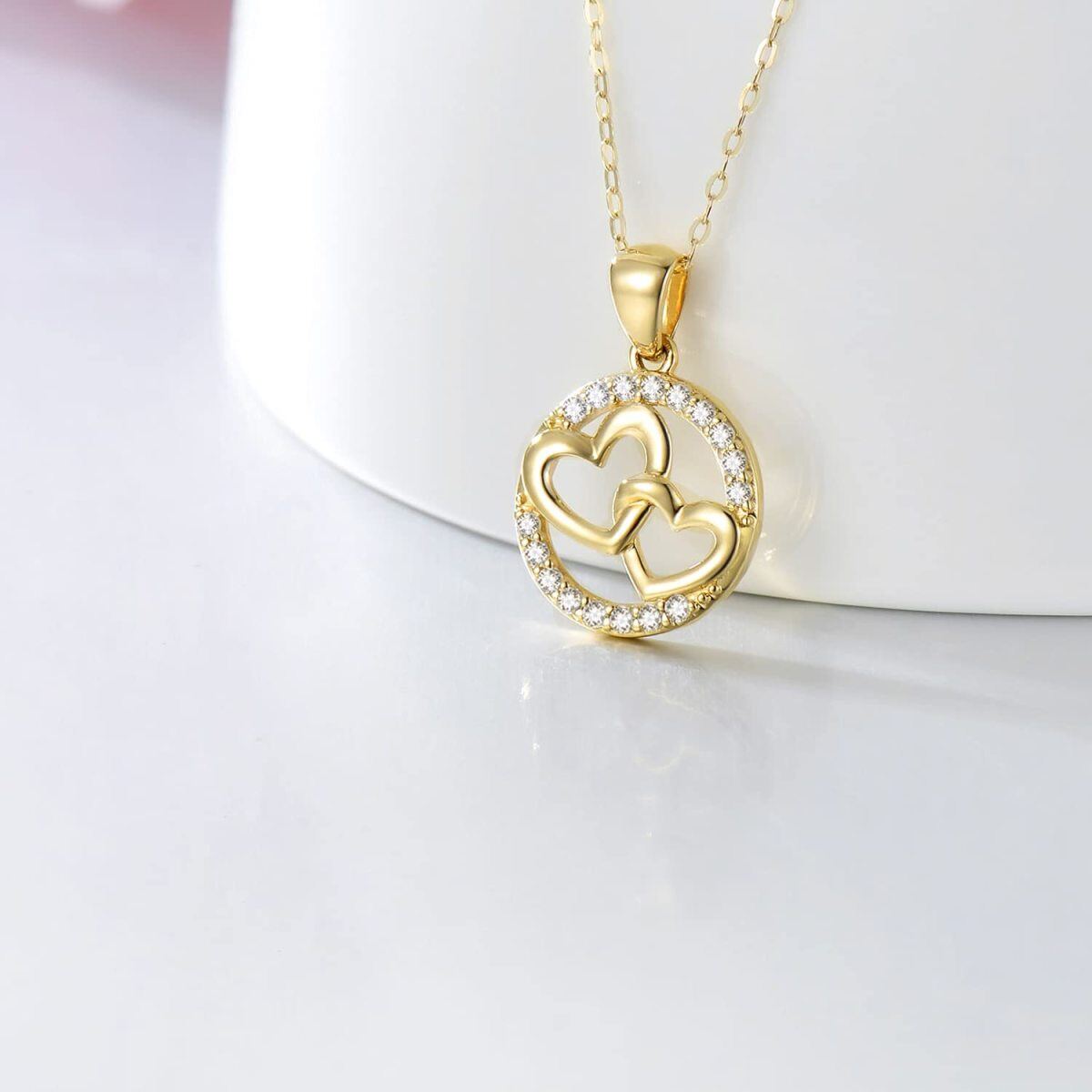 9K Gold Circular Shaped Cubic Zirconia Heart With Heart Pendant Necklace-4