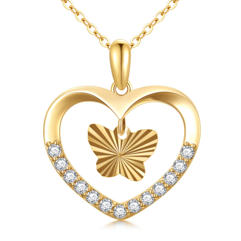 9K Gold Circular Shaped Moissanite Butterfly Pendant Necklace-3