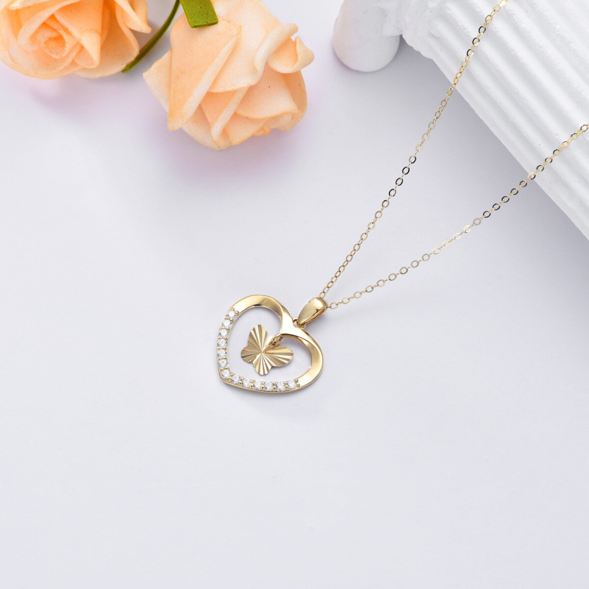 9K Gold Circular Shaped Moissanite Butterfly Pendant Necklace-4