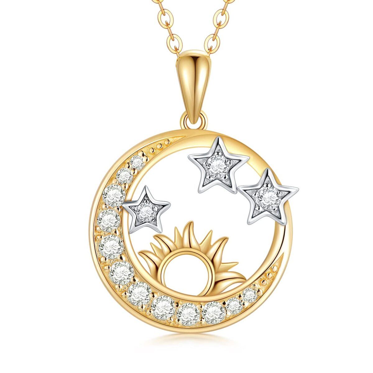 9K Gold Circular Cubic Zirconia Moon With Star & Sun Pendant Necklace For Women-1