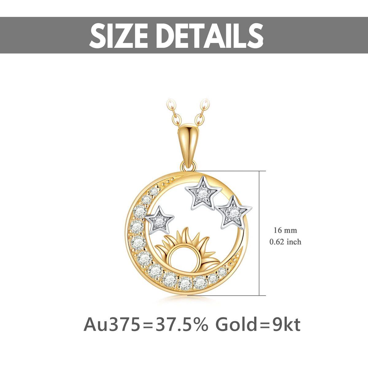 9K Gold Circular Cubic Zirconia Moon With Star & Sun Pendant Necklace For Women-5