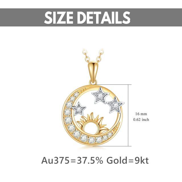 9K Gold Circular Shaped Cubic Zirconia Moon & Star & Sun Pendant Necklace-5