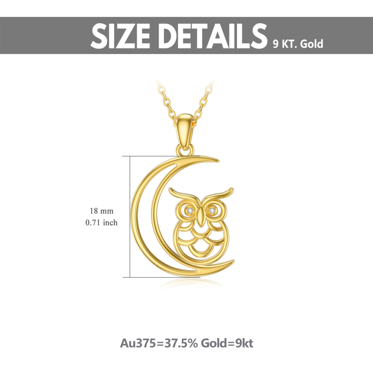 9K Gold Circular Shaped Cubic Zirconia Owl Pendant Necklace-3