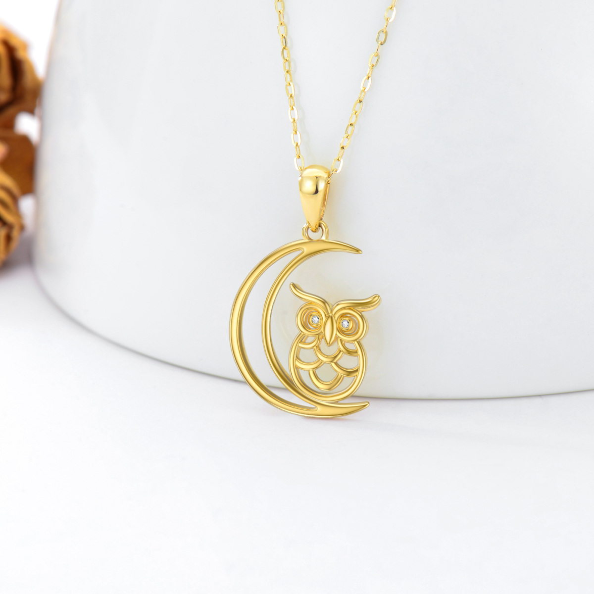 9K Gold Circular Shaped Cubic Zirconia Owl Pendant Necklace-4