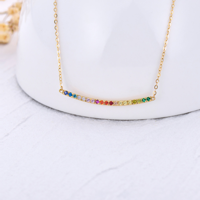 14K Gold Circular Shaped Cubic Zirconia Rainbow Bar Necklace-3