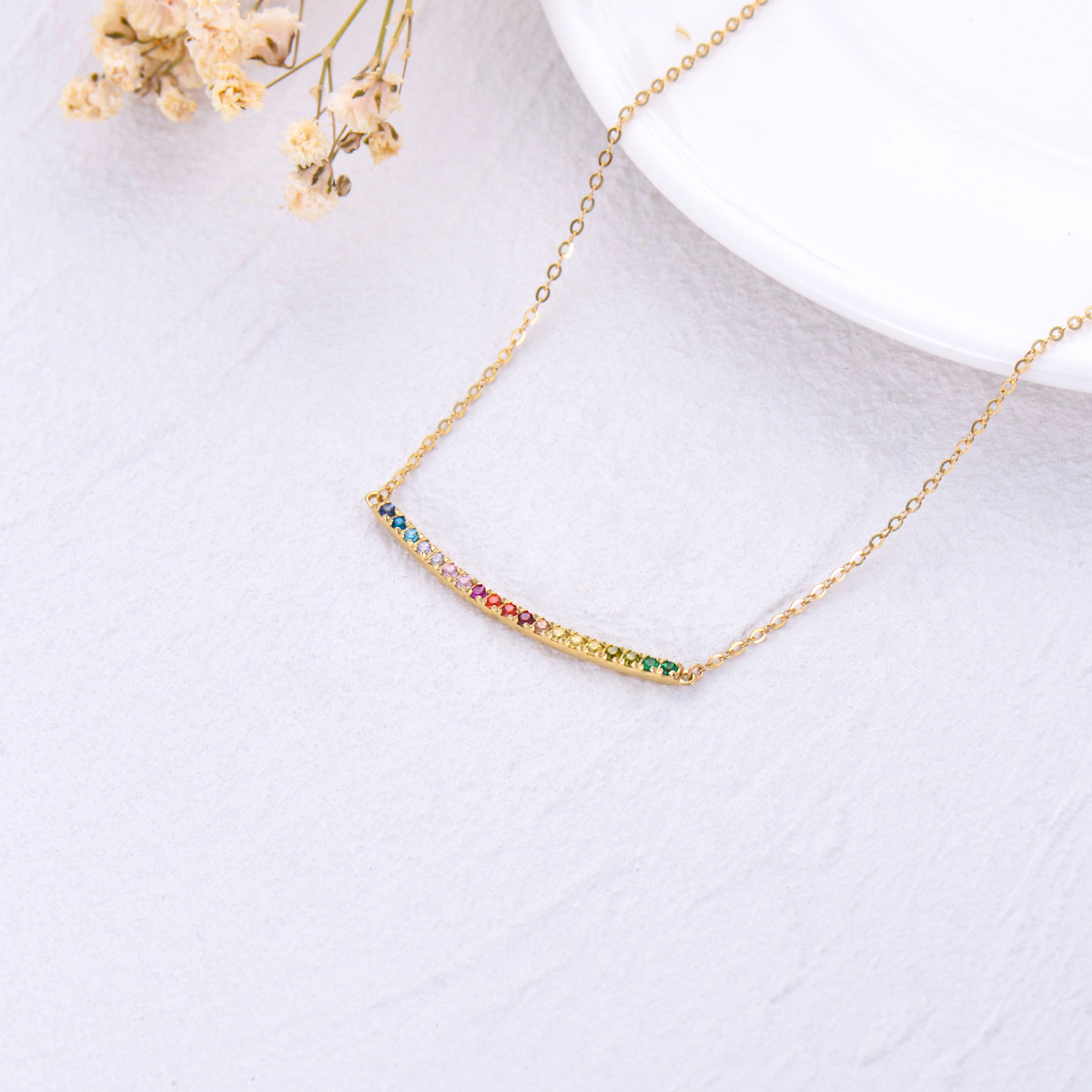 9K Gold Circular Shaped Cubic Zirconia Rainbow Bar Necklace-4