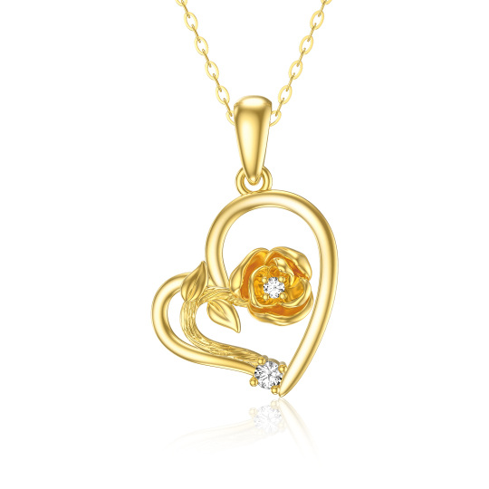 Collana con ciondolo a forma di cuore e rosa con zirconi circolari in oro 9K