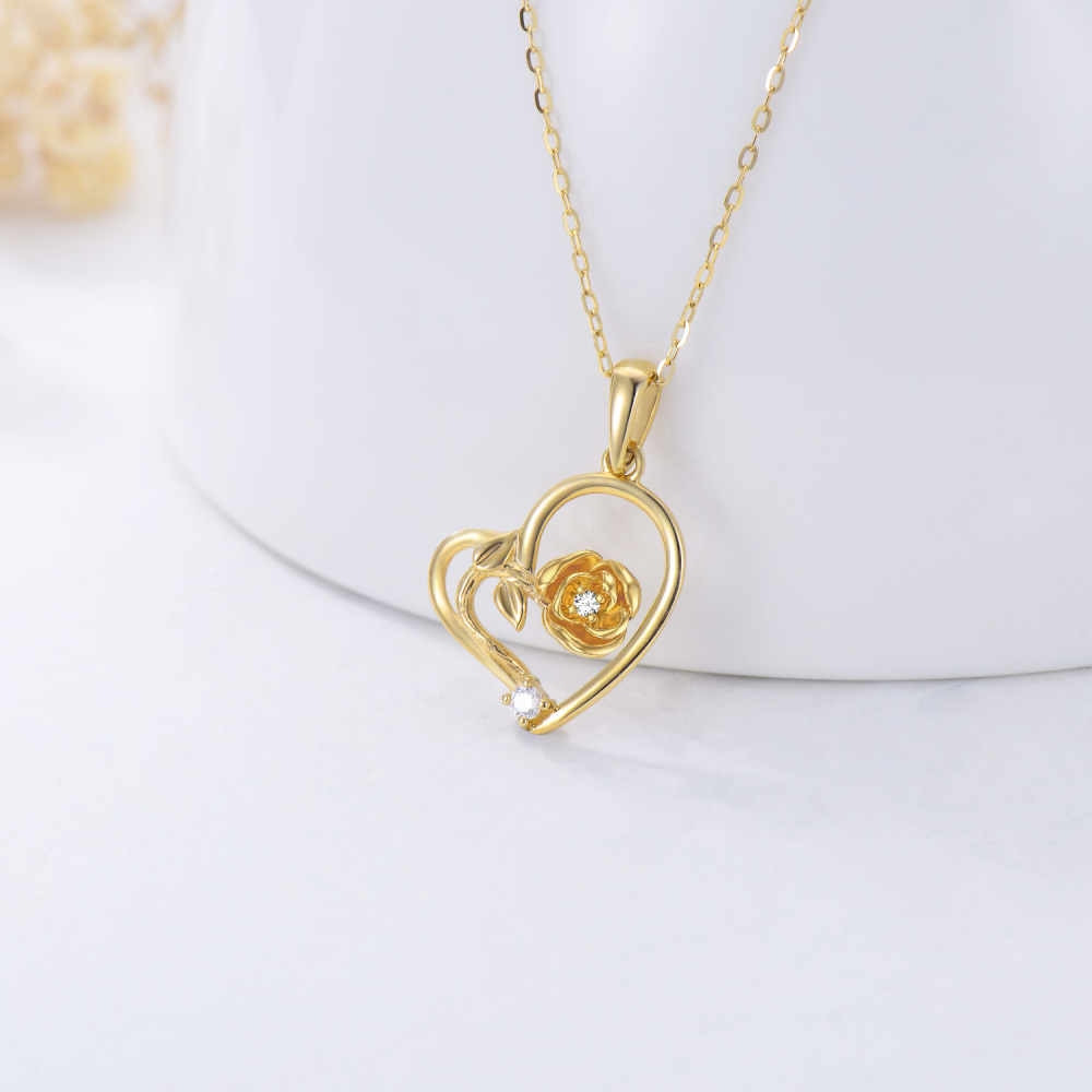 10K Gold Circular Shaped Cubic Zirconia Rose & Heart Pendant Necklace-3