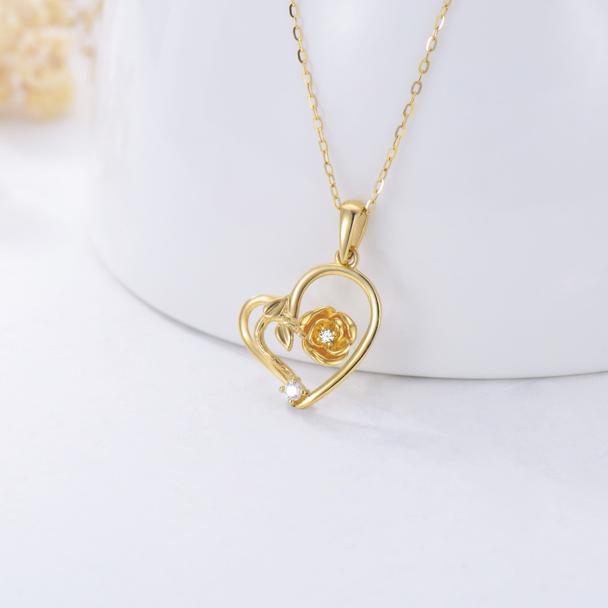 9K Gold Circular Shaped Cubic Zirconia Rose & Heart Pendant Necklace-3