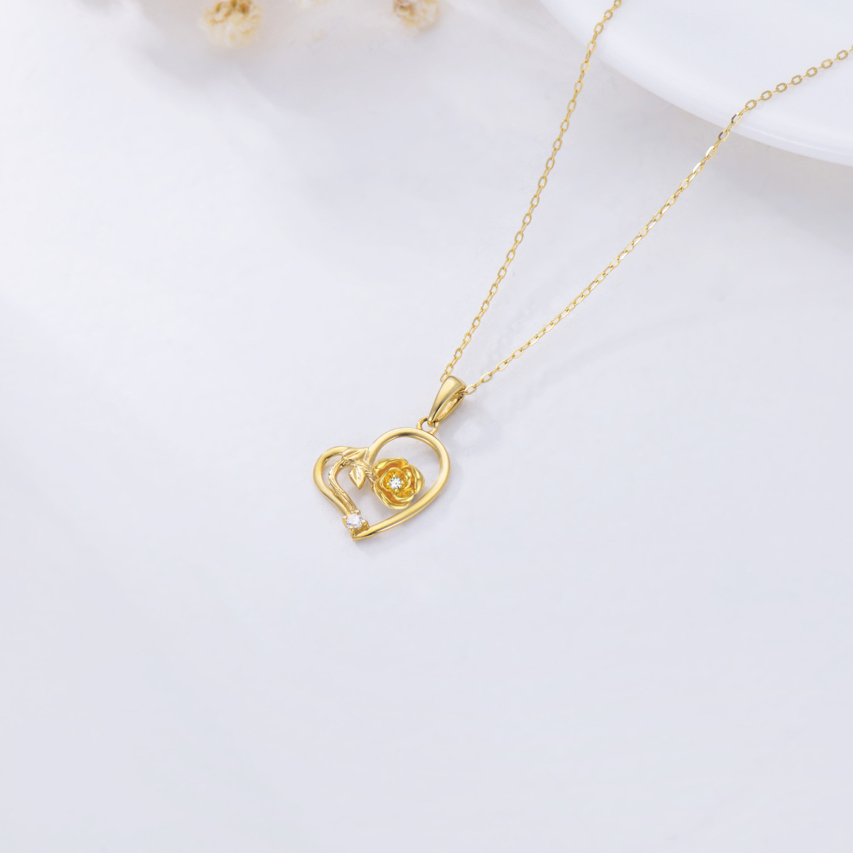 9K Gold Circular Shaped Cubic Zirconia Rose & Heart Pendant Necklace-4