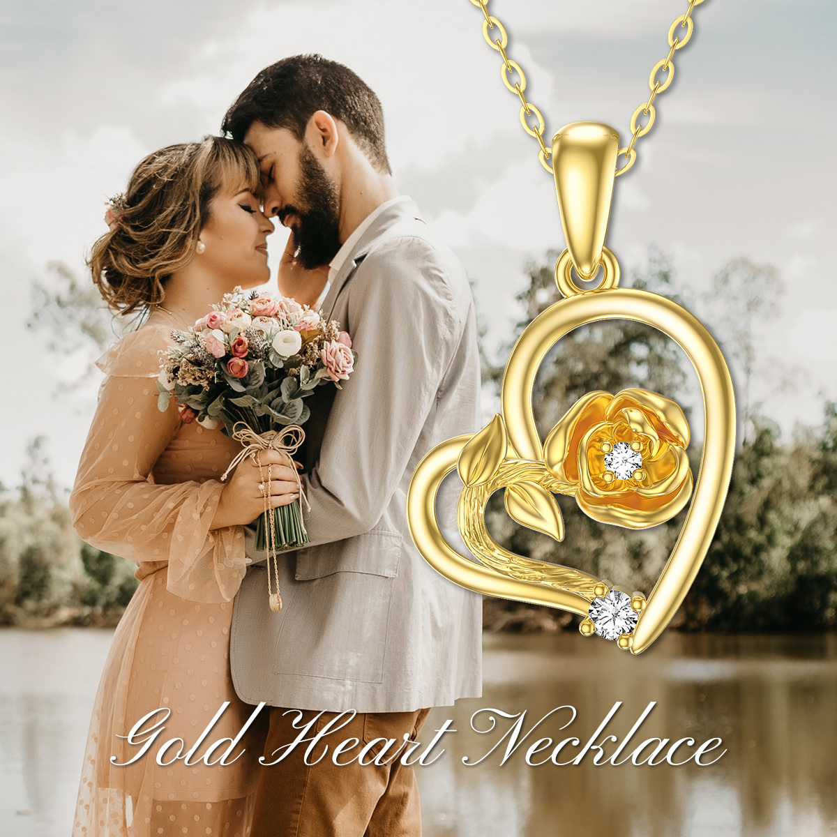 9K Gold Circular Shaped Cubic Zirconia Rose & Heart Pendant Necklace-5