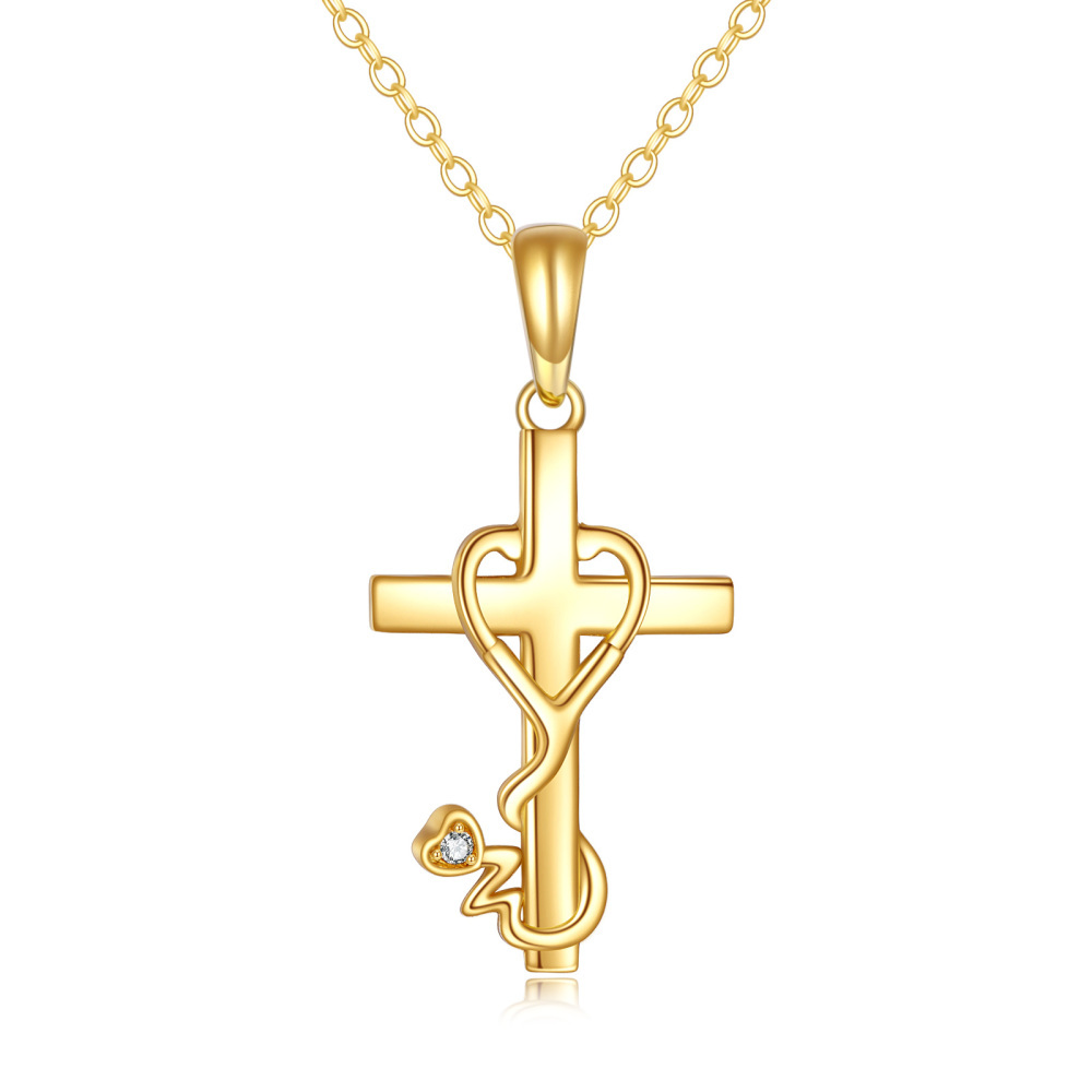 9K Gold Cubic Zirconia Cross & Stethoscope Pendant Necklace For Women-1