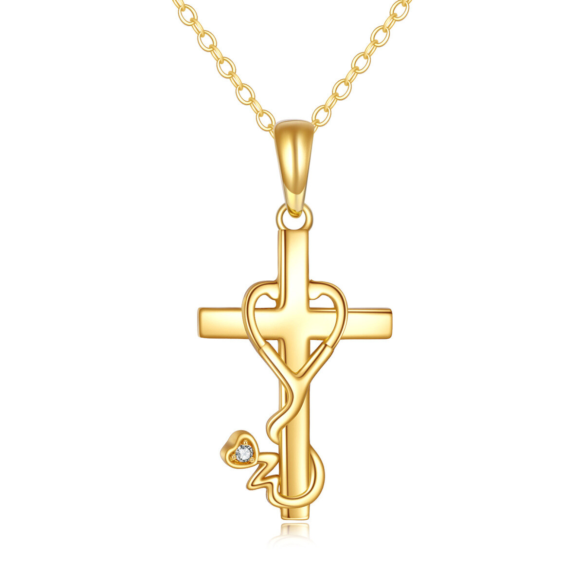 9K Gold Cubic Zirconia Cross & Stethoscope Pendant Necklace For Women-1