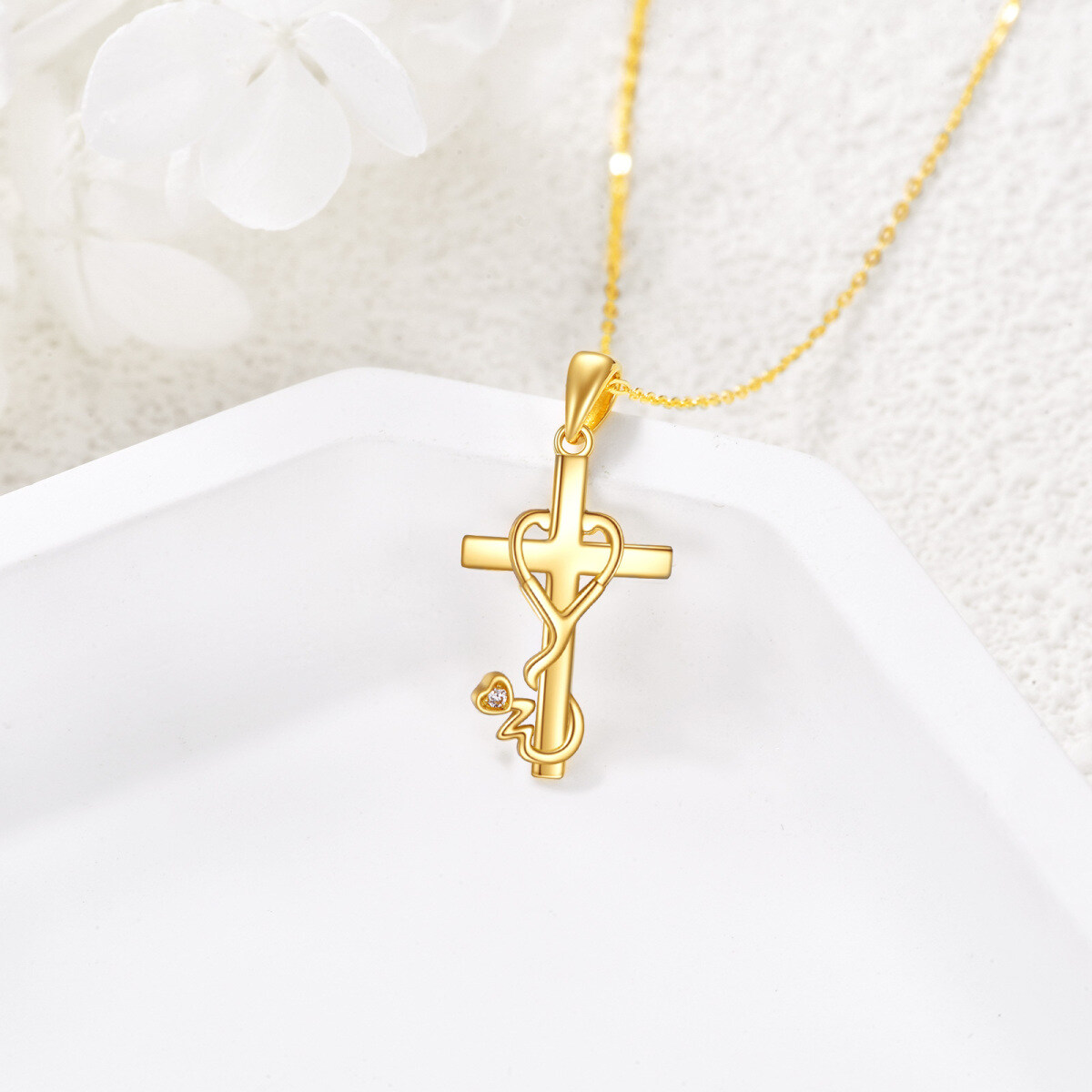 9K Gold Cubic Zirconia Cross & Stethoscope Pendant Necklace For Women-3