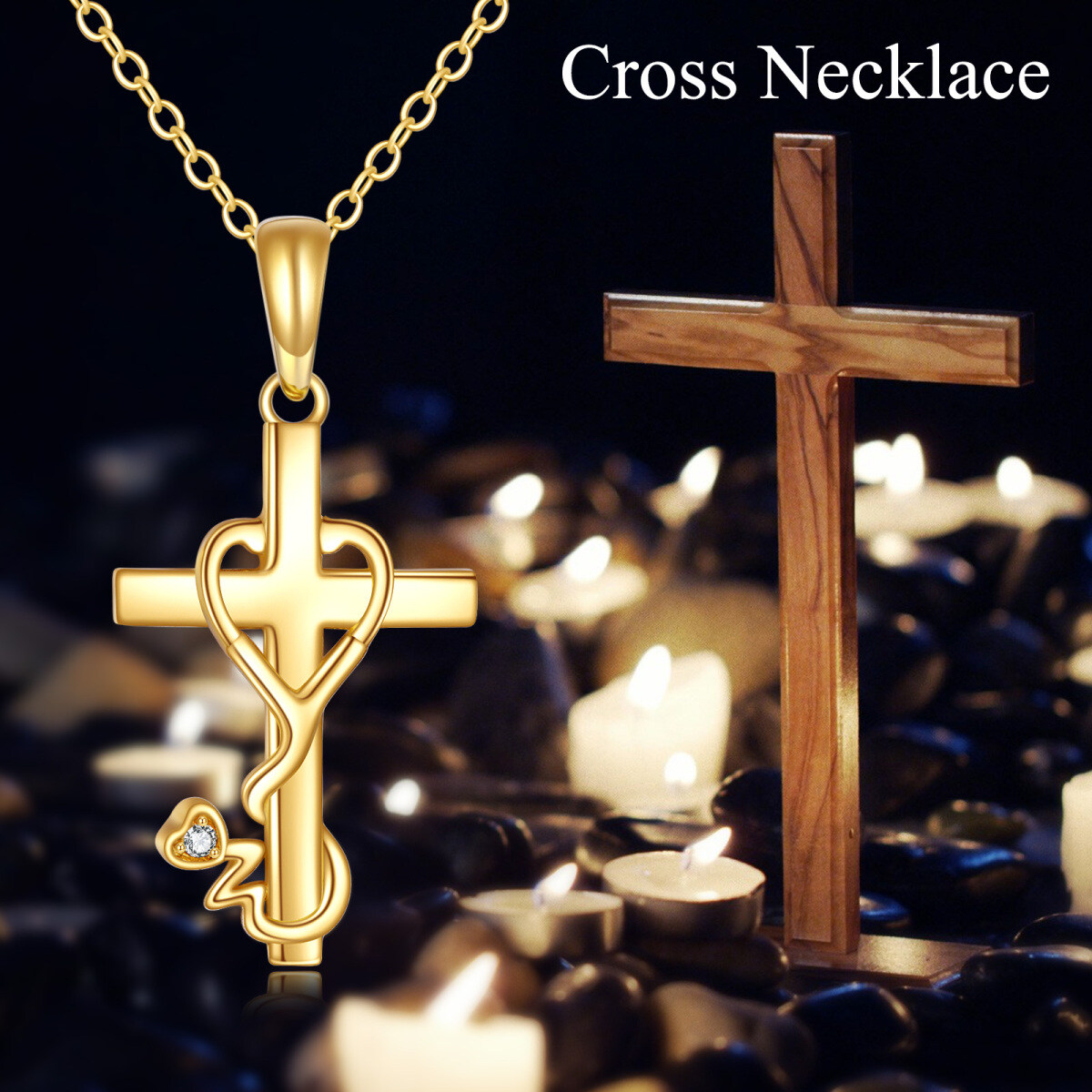 9K Gold Cubic Zirconia Cross & Stethoscope Pendant Necklace For Women-5