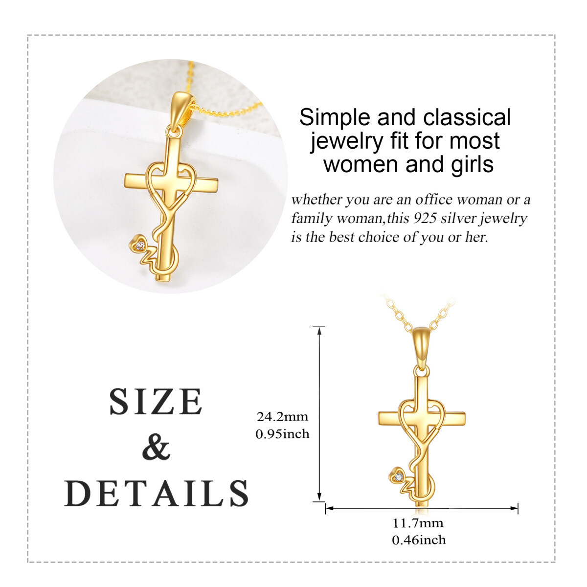 9K Gold Cubic Zirconia Cross & Stethoscope Pendant Necklace For Women-6