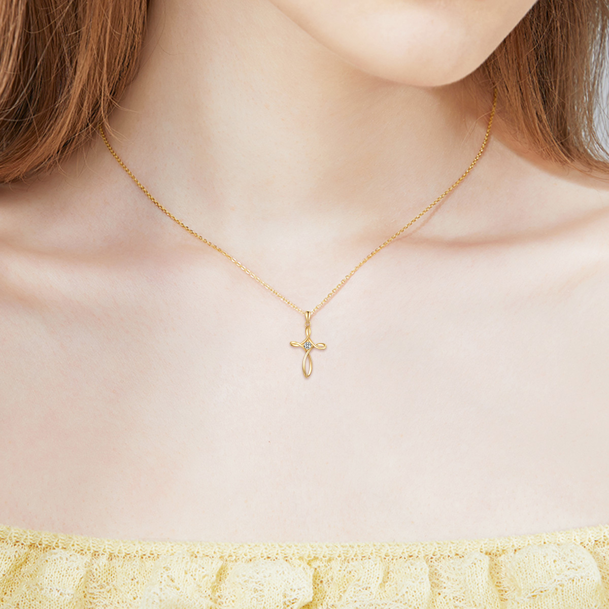 9K Gold Cubic Zirconia Cross Pendant Necklace-2