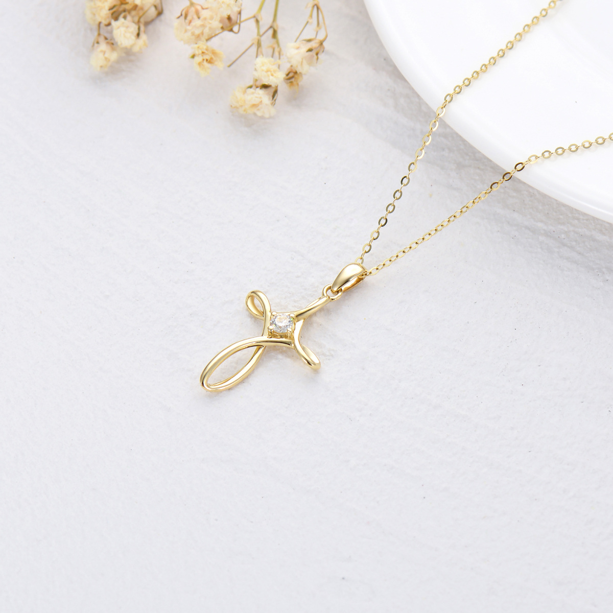 9K Gold Cubic Zirconia Cross Pendant Necklace-3