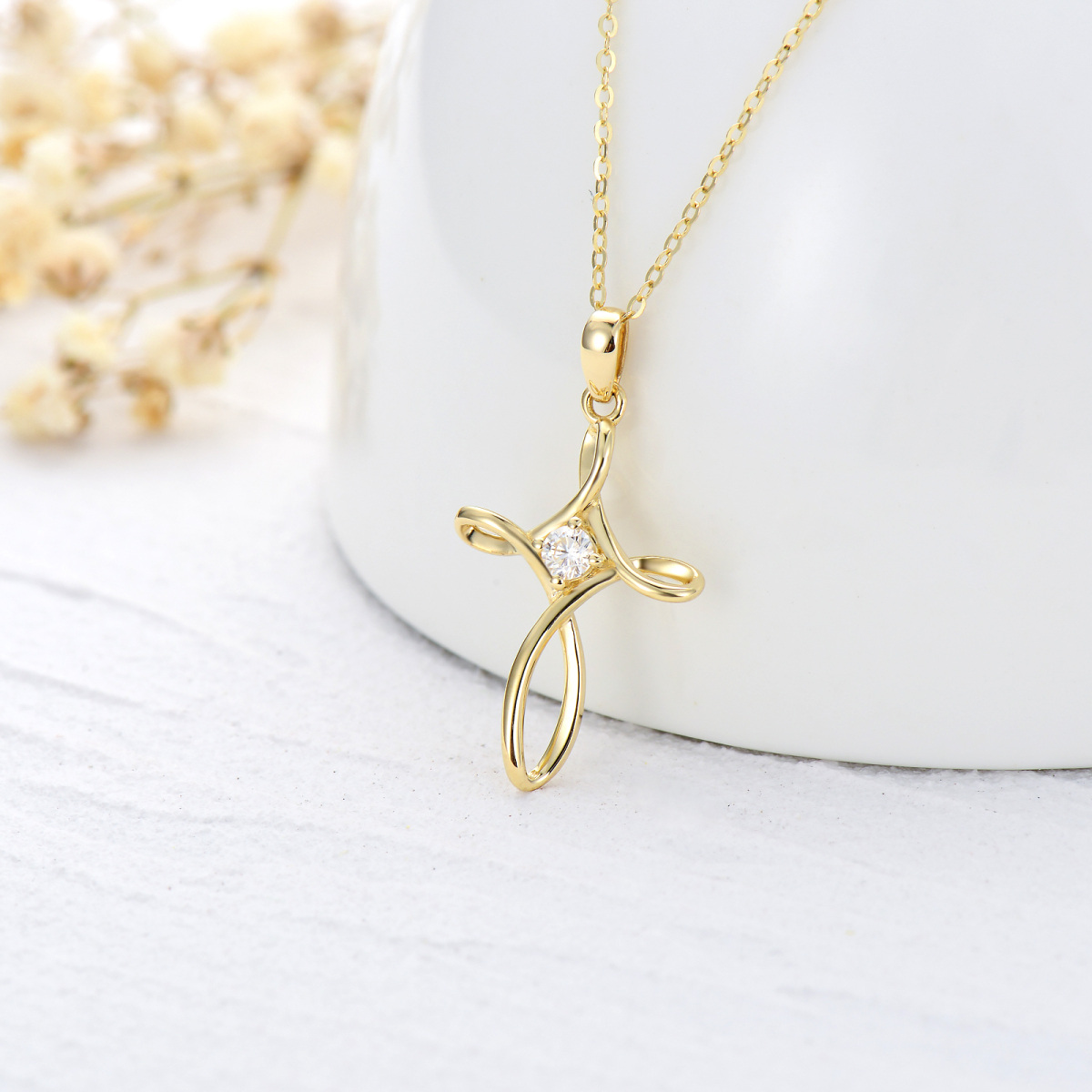 9K Gold Cubic Zirconia Cross Pendant Necklace-4