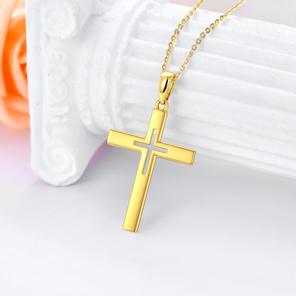 Colar de cruz de ouro 9K como presente com corrente para mulheres, esposas e meninas-3